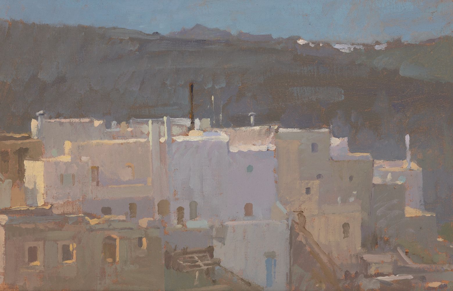 John Martin RBA, b.1957- By the river, Cessenon and Pyrgos Village - Evening; oils on board, two, - Image 2 of 3