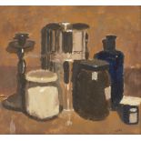 John Maddison, British b.1952- Six Objects, 1998; oil on canvas panel, signed with initials,