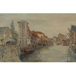 George Hann, British1900-1979- Continental town scene; oil on board, signed, 39x58cm (ARR)Please