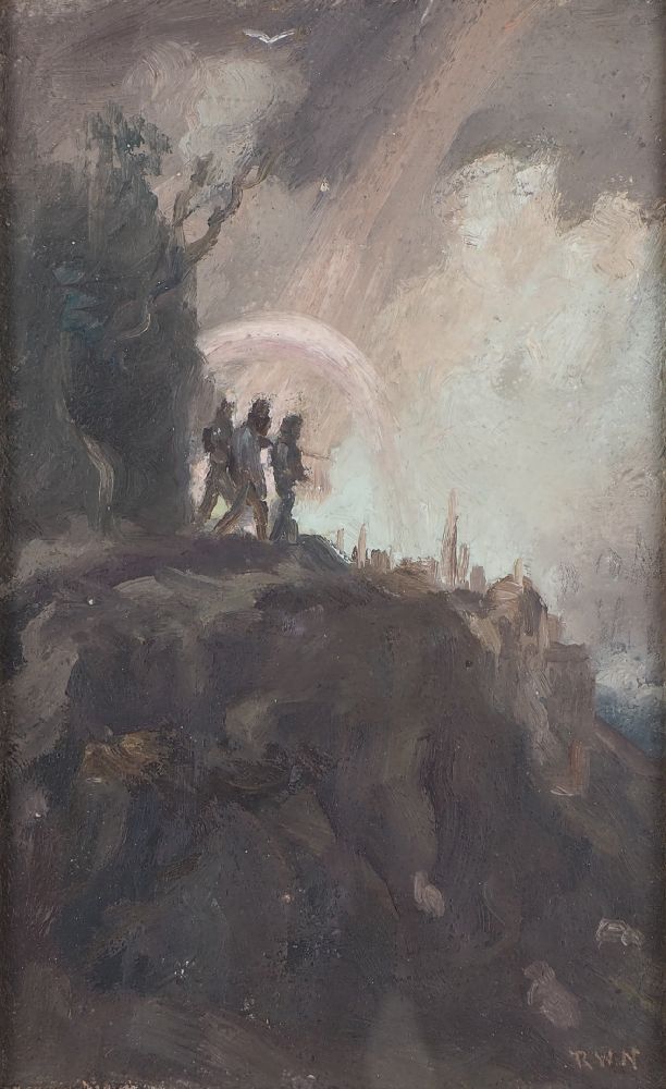 Scottish School, early 20th century- Figures on an escarpment; oil on board, signed with the