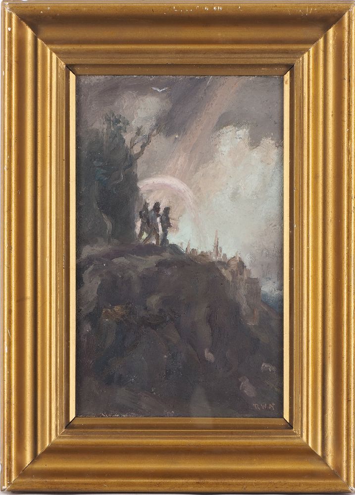 Scottish School, early 20th century- Figures on an escarpment; oil on board, signed with the - Image 2 of 2