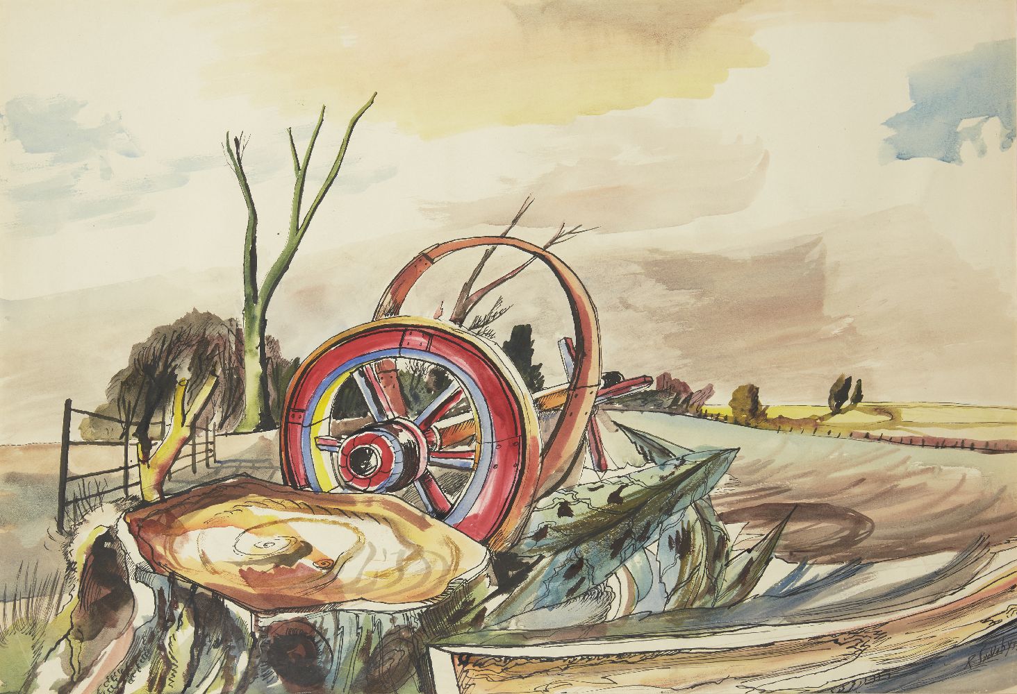 Rowland Suddaby, British 1912-1972- Landscape with cartwheel; pen and black ink and watercolour,