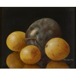 Patrick Lodwitz, French b.1953- Plums; oil on panel, signed, 8x10cm (ARR)Please refer to