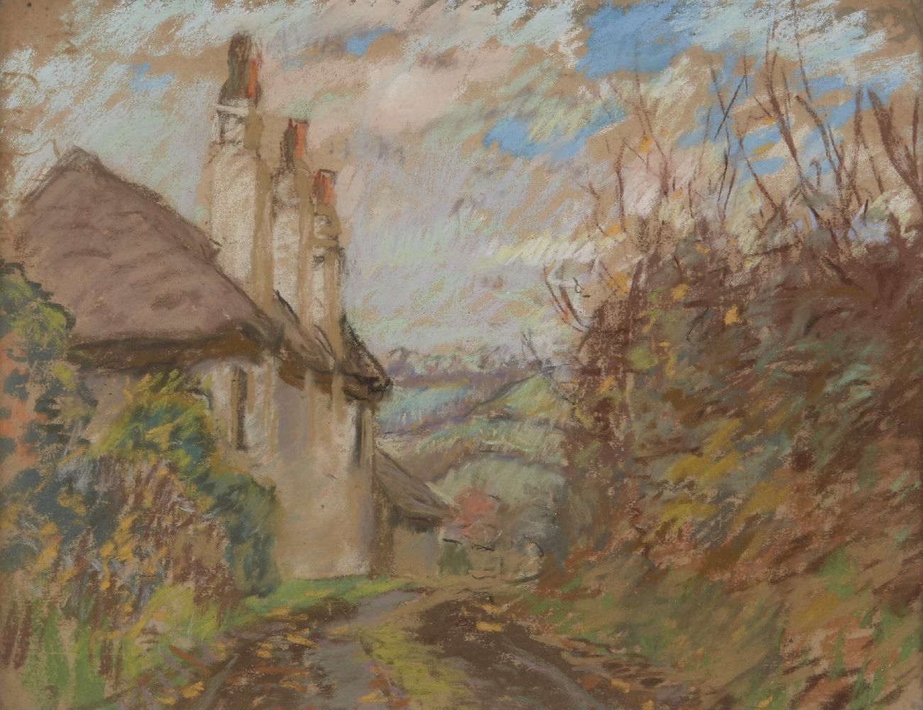 Attributed to Alice Des Clayes, British 1891-1968- Country lane; pastel, 21x26.4cm, (ARR)