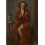 British School, early-mid 20th century- Portrait of a woman standing full-length in an interior; oil