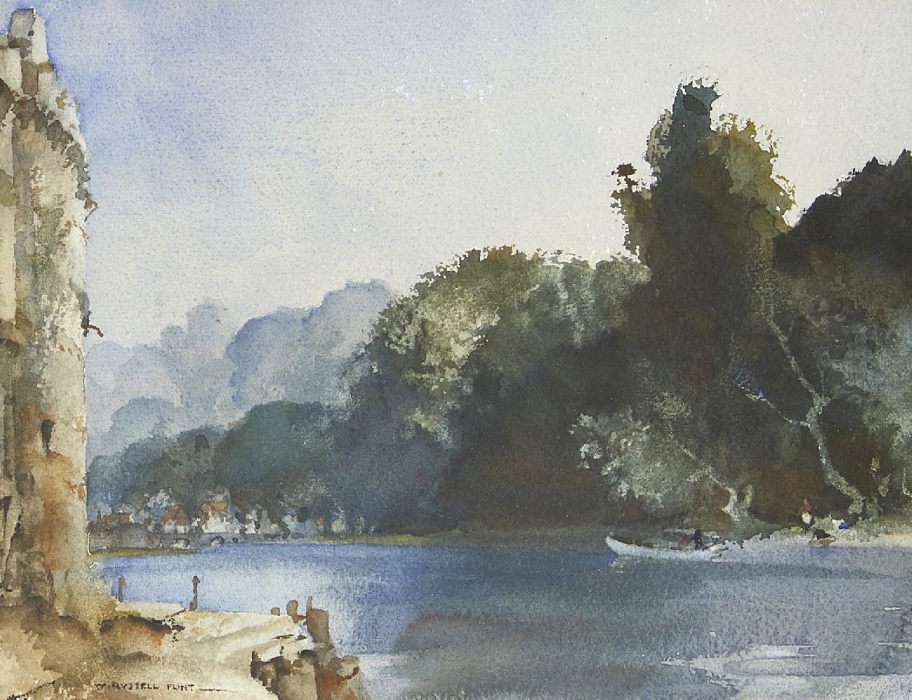 Sir William Russell-Flint RA RSW PRWS, Scottish 1880-1969- On the Loing at Moret; watercolour,