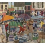 Gloria Stacey, British, mid-late 20th century- The Street Market, 1985; mixed media collage in