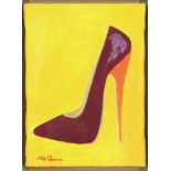 Leila Pissarro, French b.1963- Stiletto 2, oil and diamond dust on canvas, signed, 23x16.5cm(ARR)
