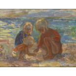 Bernhard Peterson, Danish 1911-1988- Three children playing on a beach; oil on canvas board,