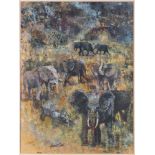 Jeanette Carr, Zimbabwean/British b.1940- Herd of elephants; oil on paper, signed, 59x43cm (ARR)