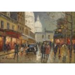 H Renaud, French 1921-1990- Boulevard Scenes; oils on canvas, a pair, both signed, each 13x18cm (