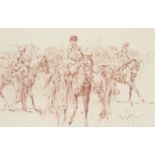 Gordon King, British b.1939- Leading up at Ascot; red chalk on paper, signed, 34x53cm (ARR)Please