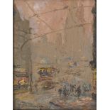 Pietro Sansalvadore, Italian 1892-1955- City street scene with tram and City square; oil on