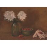 John Joseph Bellman, (Ken Moroney), British b.1949- Still life with chrysanthemums and cherries; oil