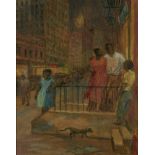 Marion Gilmore, American 1909-1984- Figures in a street at night; gouache on board, signed,
