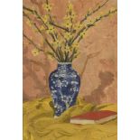 French School, early 20th century- Still life with flowers and red book; oil on card laid down on