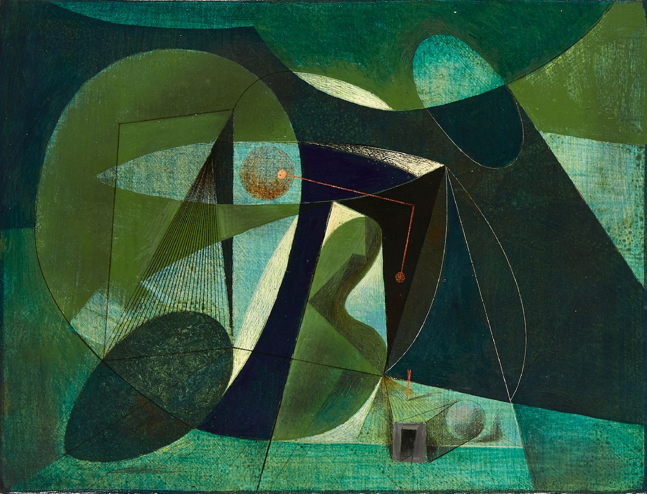 Clarke Hutton, British 1898-1985- Geometric composition in green, 1978; oil on panel, signed and