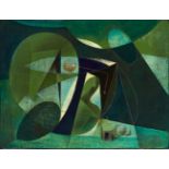 Clarke Hutton, British 1898-1985- Geometric composition in green, 1978; oil on panel, signed and