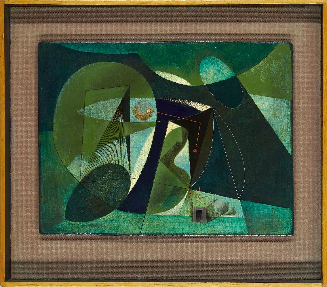 Clarke Hutton, British 1898-1985- Geometric composition in green, 1978; oil on panel, signed and - Image 2 of 3