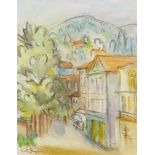 Keith Baynes, British 1887-1977- Rue des Bains, Mercador; oil on board, signed, signed and titled on