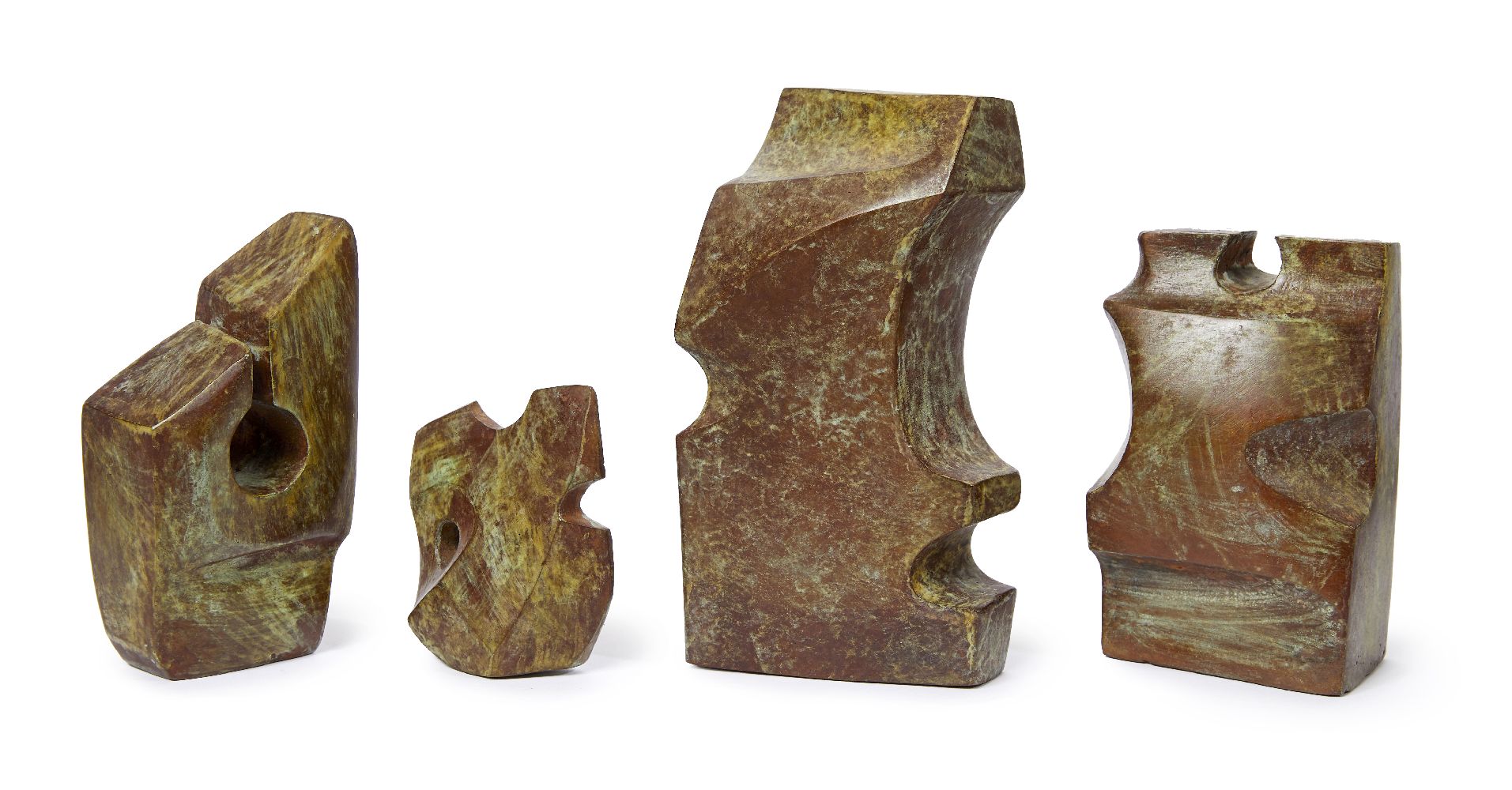 Henry Cliffe, British 1919-1983- Abstract Forms; bronze with green patina, four pieces, signed