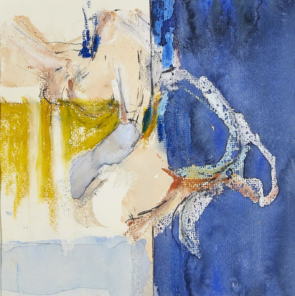 Adrian Heath, British 1930-1992- Abstract composition in blue and yellow; watercolour, 19.5x19cm, (