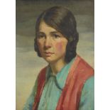 Arthur Hayward, British 1889-1971- Portrait of a lady wearing a red gilet; oil on canvas, 45.5x35.