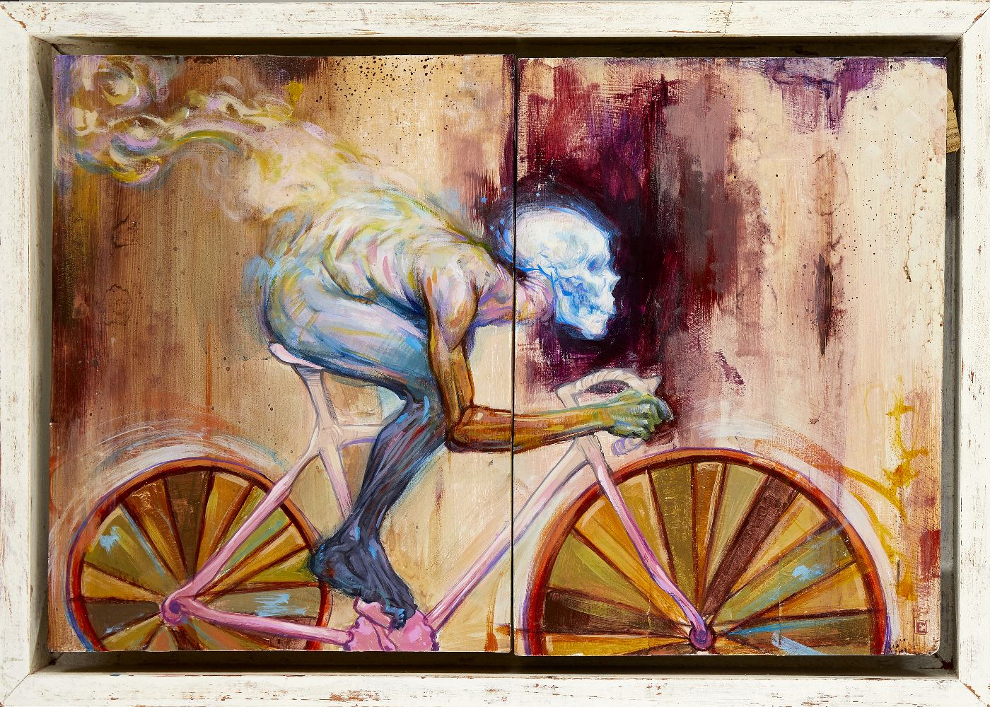 British Contemporary School, late 20th/early 21st century- Skeleton Cyclist; diptych oil on panel,