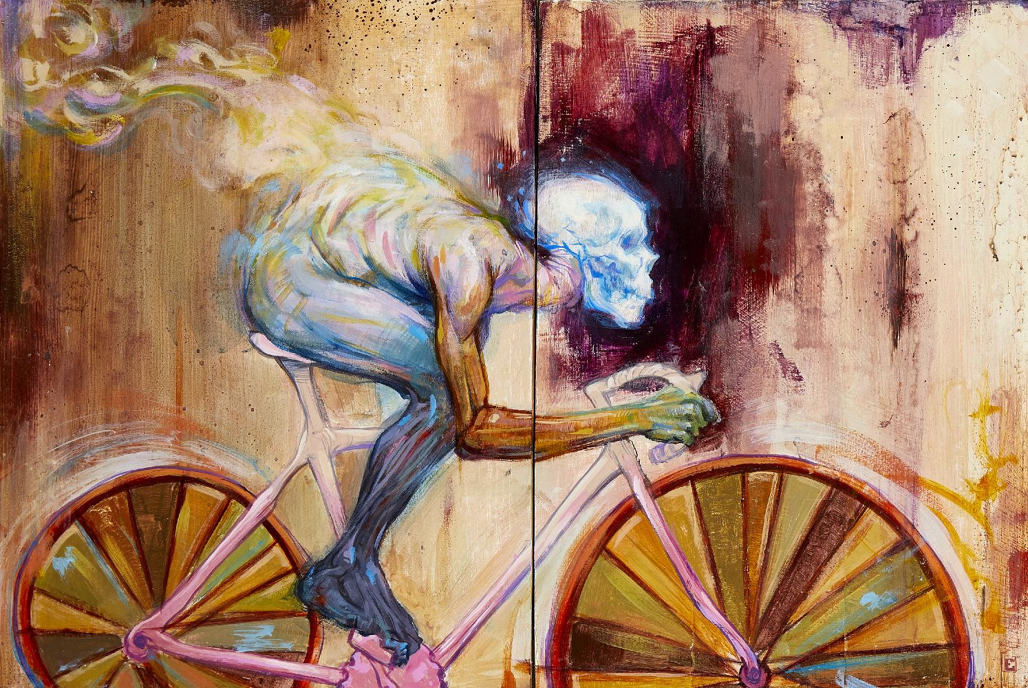 British Contemporary School, late 20th/early 21st century- Skeleton Cyclist; diptych oil on panel, - Image 2 of 2