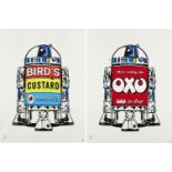 J J Adams, British b.1978- R2D2 (OXO and Birds Custard) oil on canvas, two, each signed in silver,