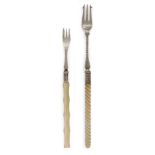 Two Victorian silver pickle forks with ivory handles, one Sheffield, c.1855, JRB, with knopped ivory