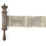 A 20th century silver filigree cased Esther scroll, megillah, the case signed in Hebrew 'Bezalel