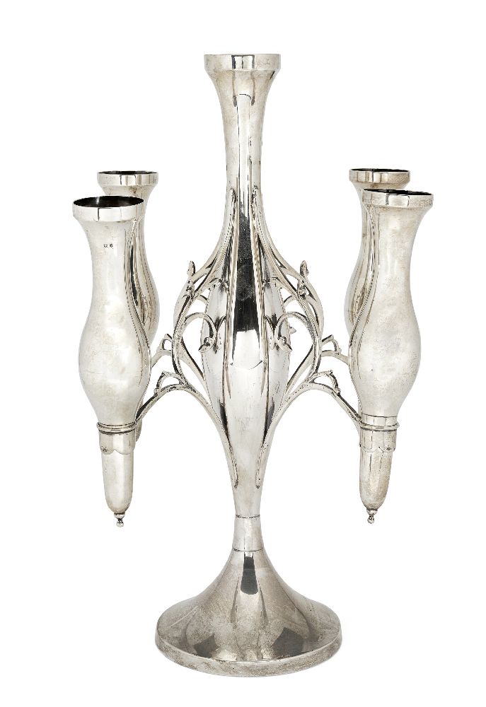 An Edwardian silver five branch epergne, Birmingham, c.1908, maker's mark rubbed, designed with a