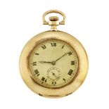 An 18ct gold open-face dress pocket watch, the silvered engine-turned dial with Roman black