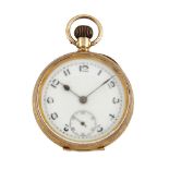 A 9ct gold open-face fob watch, the white enamel dial with Arabic numerals, subsidiary dial for