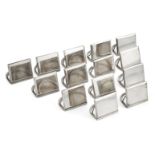 A set of fourteen place card holders, stamped sterling 950, each designed as a rectangular panel