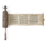A 19th century silver filigree cased HaMelech Esther scroll, megillah, unmarked, probably Polish,