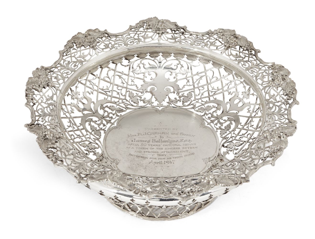 A large pierced silver presentation bowl, Sheffield, c.1917, James Dixon & Sons., retailed by