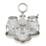 A four-piece silver mounted matched cruet set, the stand and smaller mustard cruet London, c.1889,