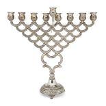 A large Continental silver menorah, stamped 800 and with indistinct maker's mark, possibly IW, the