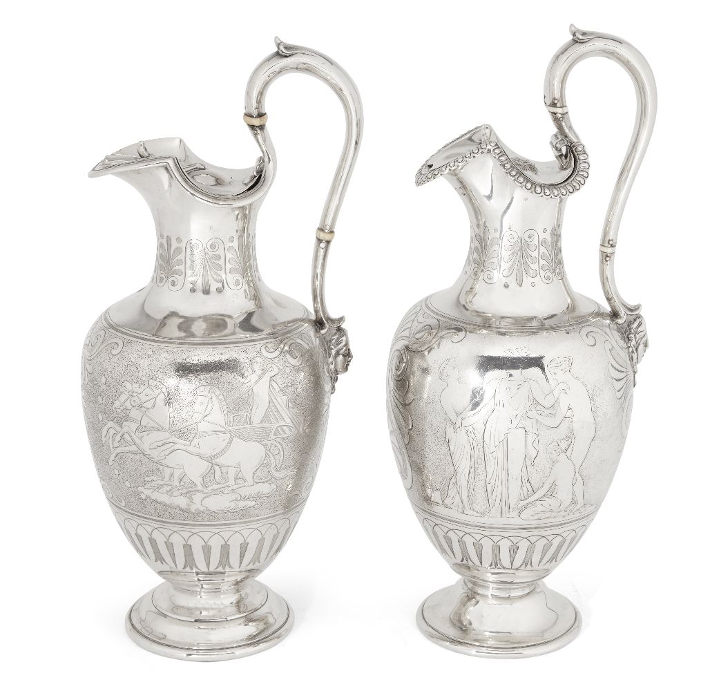 A matched pair of Victorian silver ewers, London, c.1847, and c.1856, Edward, Edward junior,