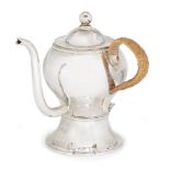 A silver plated argyll, unmarked, of plain rounded form with a wicker bound side handle and curved