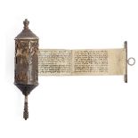 A mid 19th century parcel gilt cased HaMelech Esther scroll, megillah, possibly Austro-Hungarian,