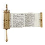 A small jewelled Israeli HaMelech Esther scroll case, fitted with megillah, the case unmarked,