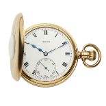 A 9ct gold demi-hunter keyless pocket watch by Vertex, the white enamel dial with Roman numerals and