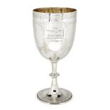 A large Victorian silver goblet, London, c.1883, Charles Stuart Harris, decorated with bright-cut