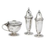 A three-piece silver cruet set, Sheffield, c.1964 and 1966, Viner's Ltd., of panelled design, the