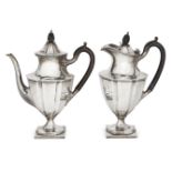 A large Mappin & Webb silver two-piece coffee set, Sheffield, c.1927, each of panelled baluster form