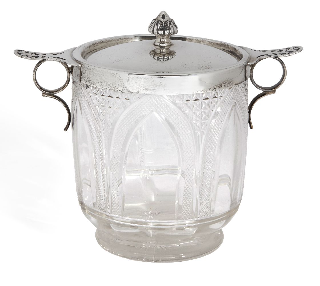 An Edwardian silver and cut glass biscuit tin, Birmingham, c.1904, Elkington & Co., of short