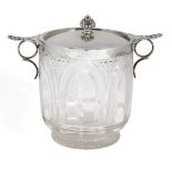 An Edwardian silver and cut glass biscuit tin, Birmingham, c.1904, Elkington & Co., of short